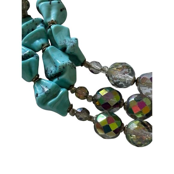 Antique Art Deco Faux Turquoise Glass AB Faceted Triple Strand Necklace RARE - Picture 10 of 11